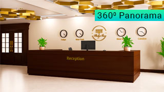 Explore a 360-degree panorama of the reception desk at the Penby Inn.